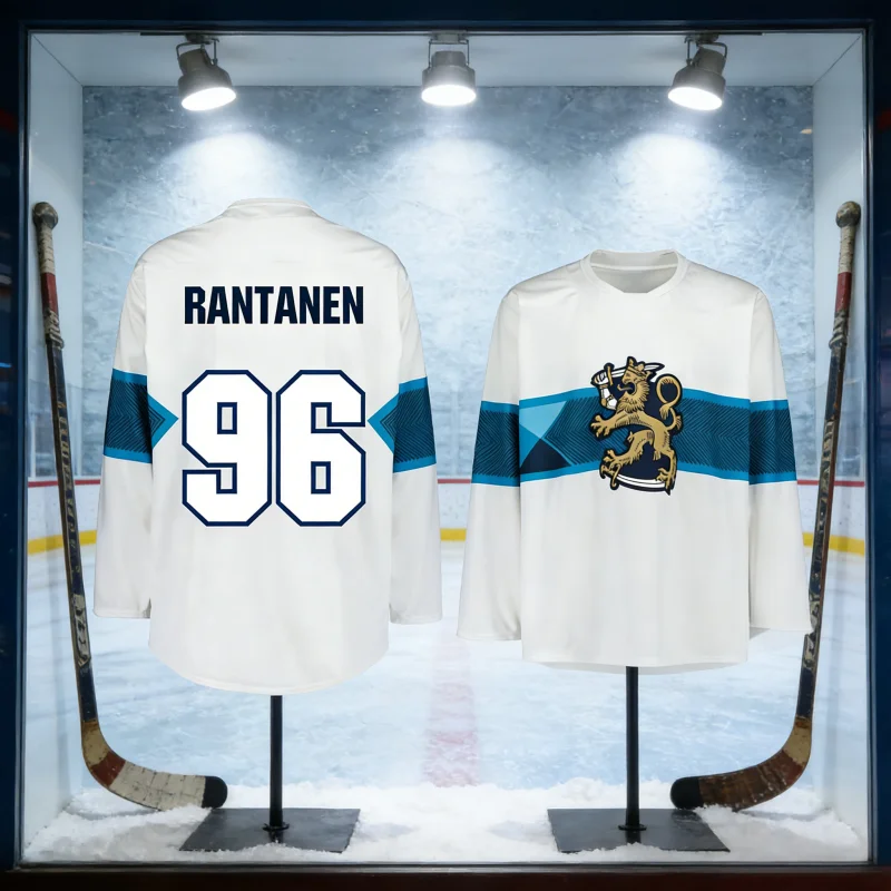 Nueva Camiseta Local del Equipo de Finlandia 2026-27, Rantanen # 96 Camisetas de hockey de manga larga impresas en 3D para fanáticos de la familia, niños y adultos