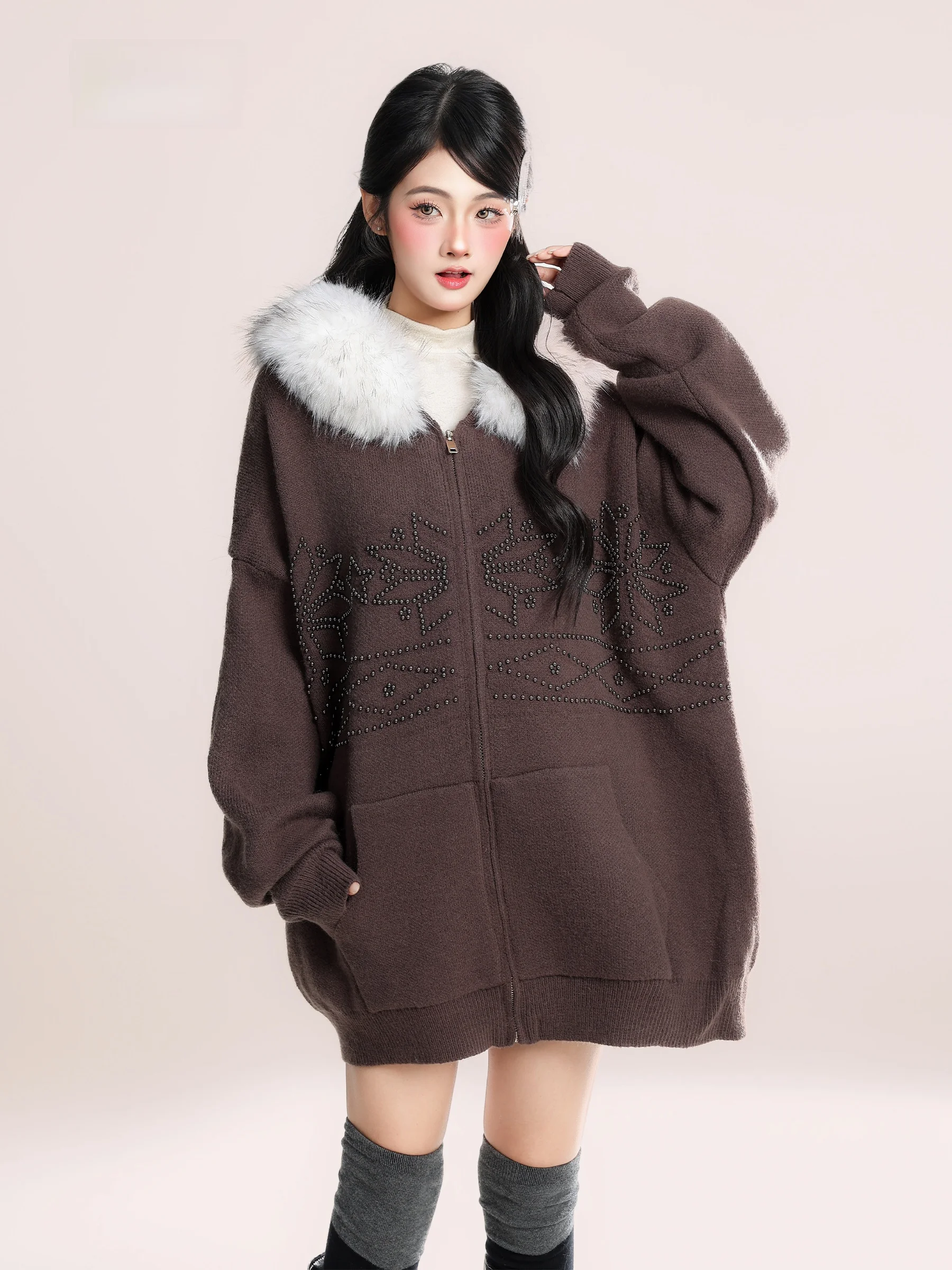 

Американский ретро-кардиган с капюшоном, вязаный свитер-пальто, женский свободный повседневный топ, зимняя/осенняя одежда из полипропиленового волокна, открытый кардиган