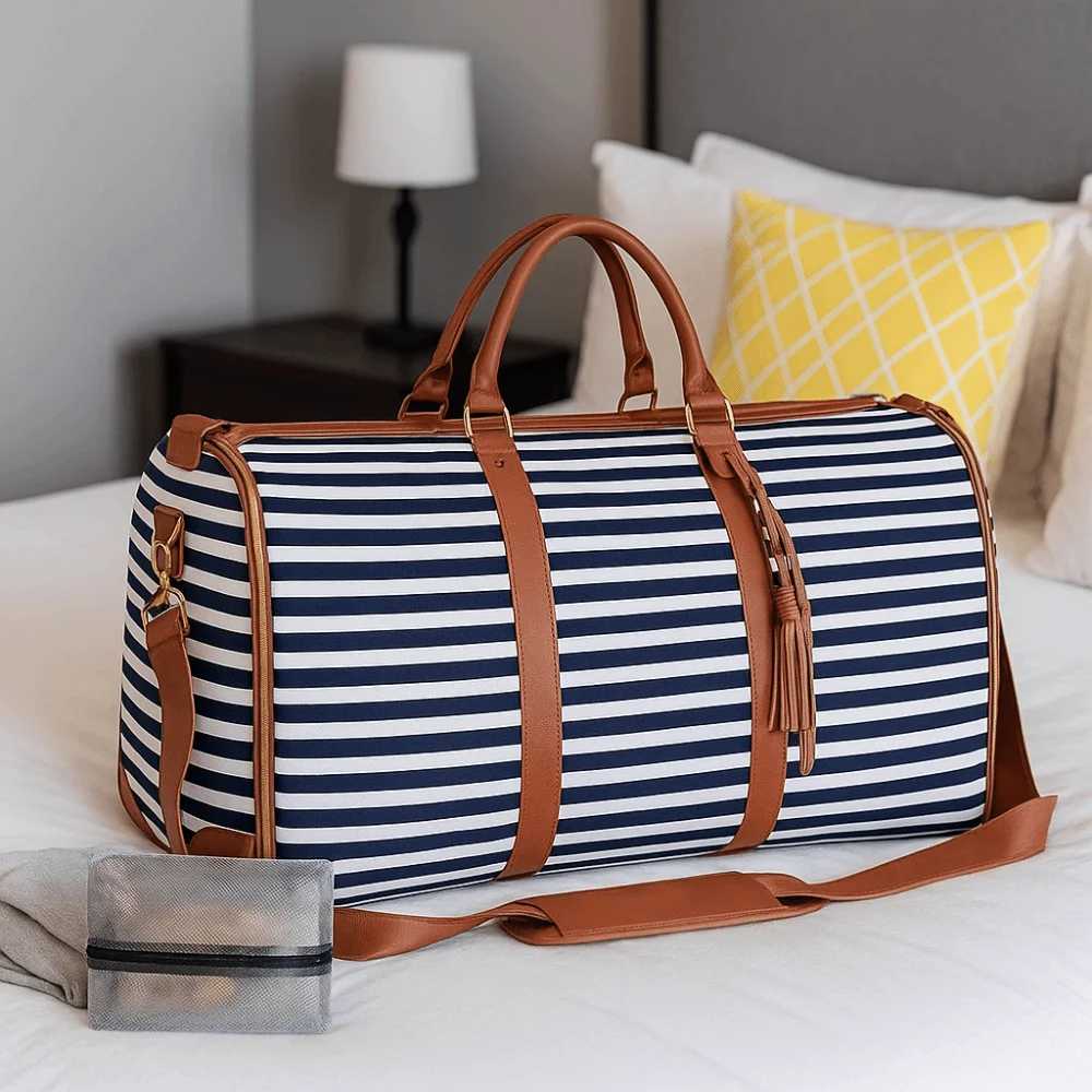 

Striped Large Capacity Travel Bag Foldable Convertible Folding Suit Bag PU Material Expandable Weekend Tote Bags Gym Fitness