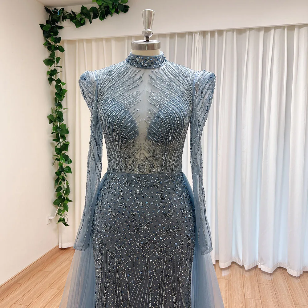 Elegant Muslim Evening Dress for Women 2024 Luxury Dubai High Neck Long Sleeves Beads Formal Prom Wedding Party Gowns Customized