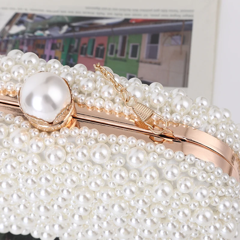 Fashion Elegant Women White Beige Luxury Special Crystals Beaded Pearl Evening Clutch Bags Wedding Party Handbag Beaded