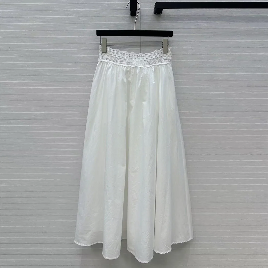 

French Elegant Lady Summer White Long Skirts Womens Elastic High Waist Patchwork Hollow Out Lace A-line Loose Sweet Maxi Skirt