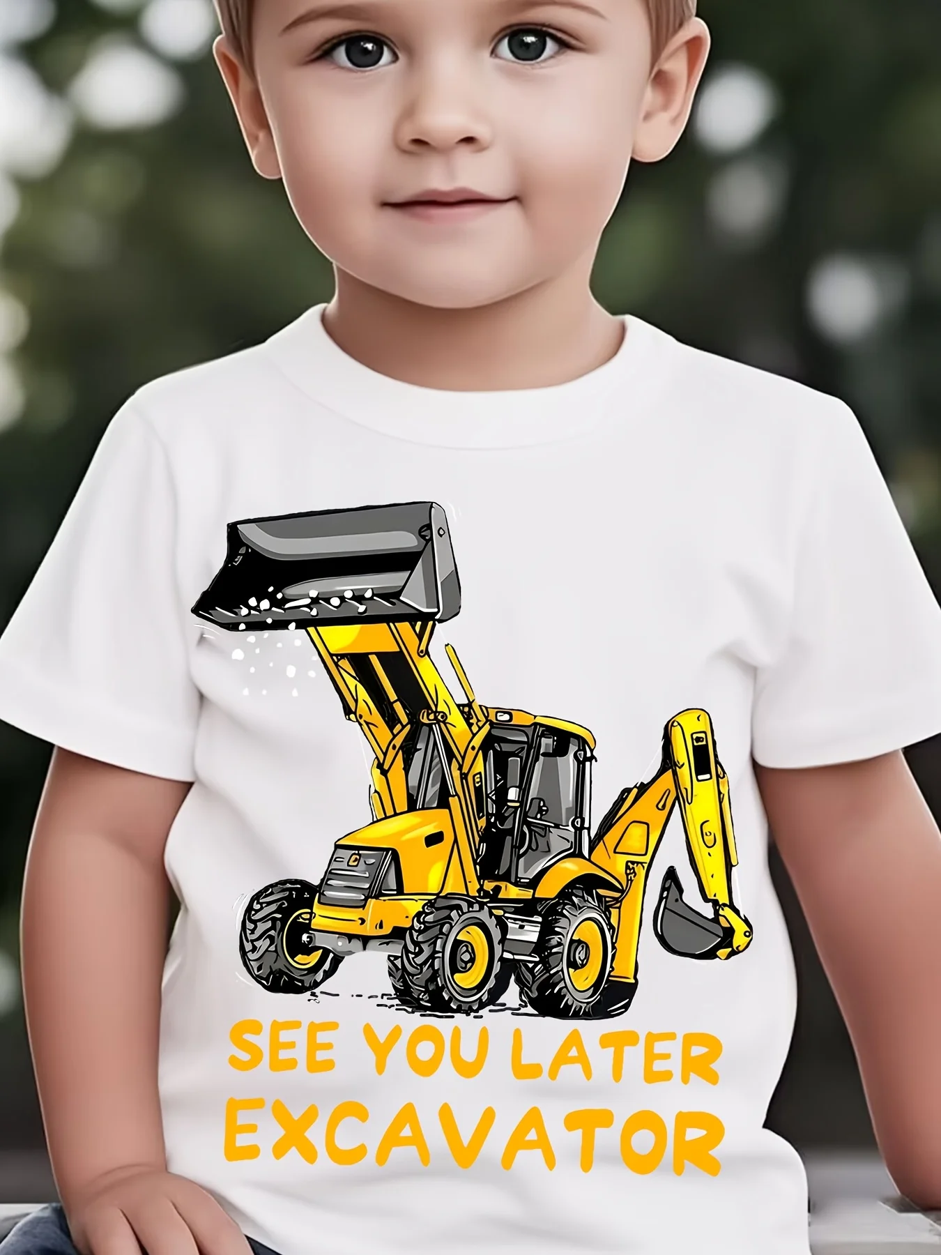 Unisex Kids Short Sleeve T-Shirt, Cartoon Excavator Print Crew Neck Soft Breathable Casual Summer Outdoor Daily Wear Top