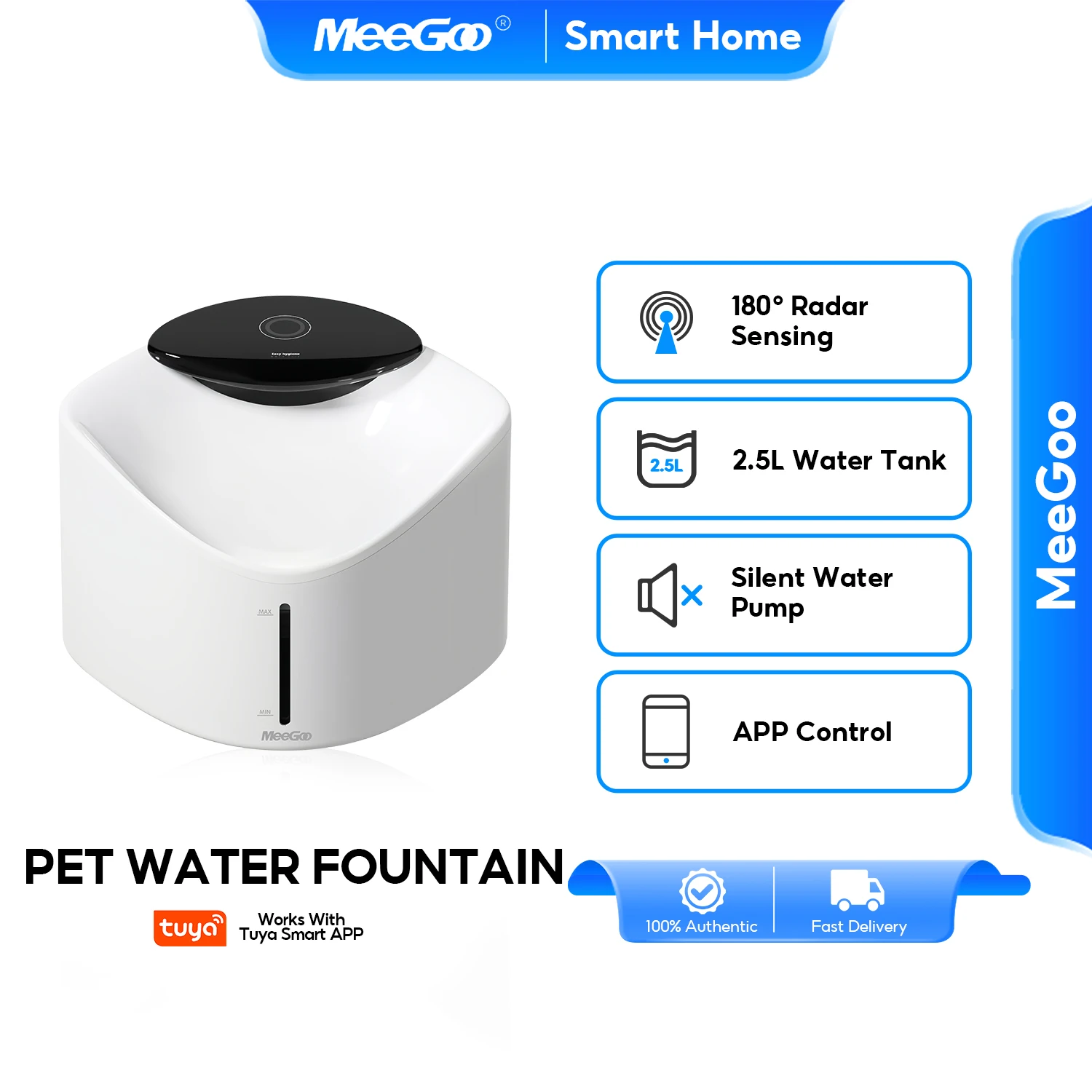 MeeGoo Tuya Smart Pet Water Fountain 2.5L 180° Radar 4000mAh Battery IPX Waterproof
