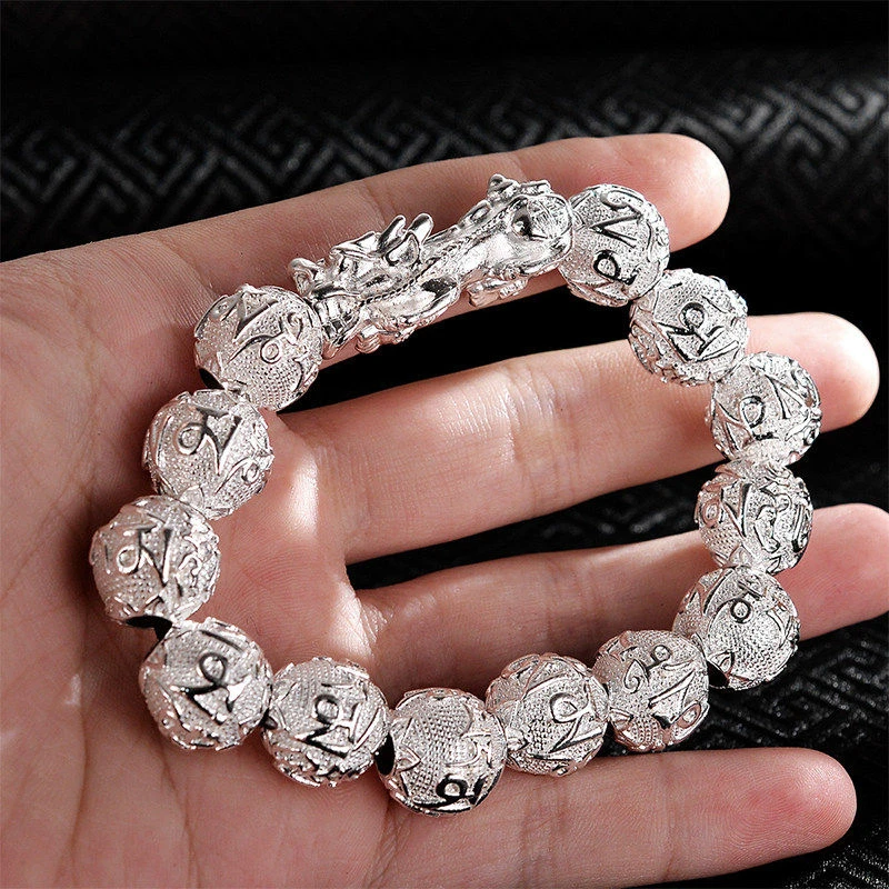 999 Sterling Silver Pixiu Bracelet for Men, Vintage Six Words Mantra Beaded Bracelet, Wealth Lucky Transfer Ethnic Jewelry
