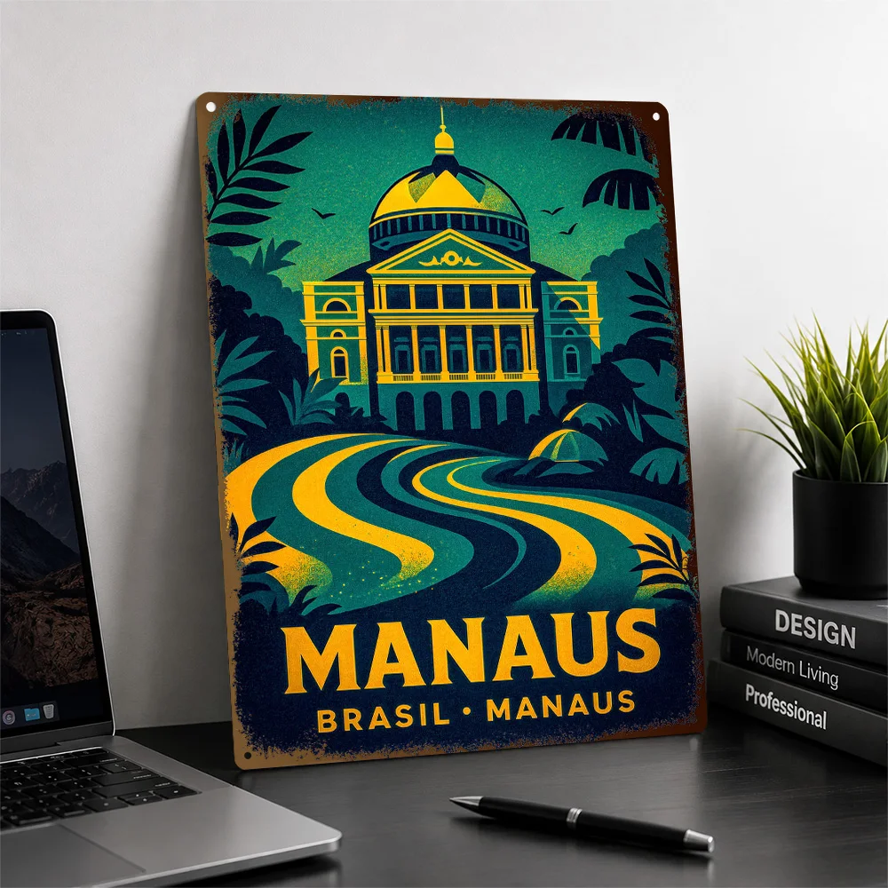 Manaus Brazil Travel Illustration Aluminum Poster Personalized Metal Sign Scenic Destination Wall Art Made For City Collectors