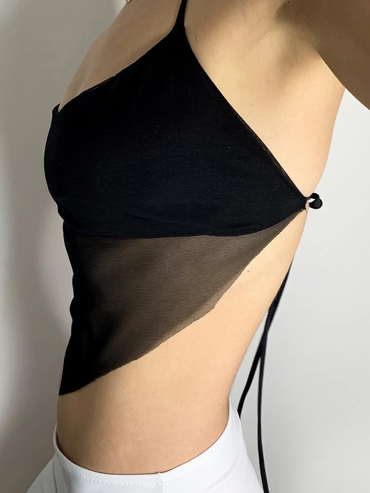 Sexy Transparent y2k Mesh Halter Tops Women V-neck Backless Korean Solid Crop Tops Fashion Korean Camisole 90s Tee Cuteandpsycho