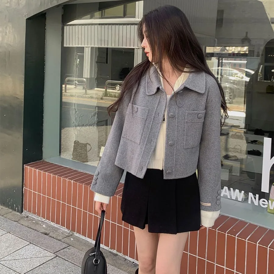 Korean Chic Autumn Winter Woolen Jacket Coat with Pocket Single Button Simple Match All Seasons Straight Tube Commute Style