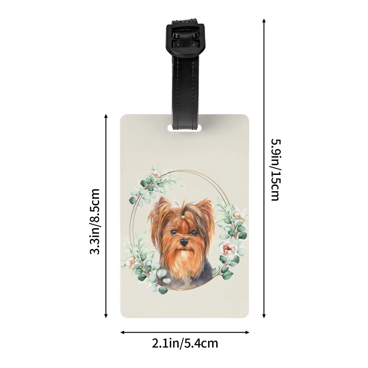 Étiquette de bagage perforée pour valises, Yorkshire Terrier Dog in Floral Gold Wreath, marques de bagages pour amoureux des animaux de compagnie, nom de couverture, carte d'identité