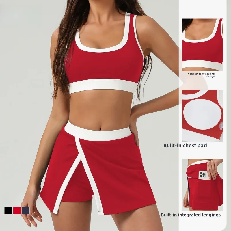 

Американский модный цветной спортивный бюстгальтер с теннисной юбкой, женские быстросохнущие антибликовые брюки, юбка, спортивный костюм