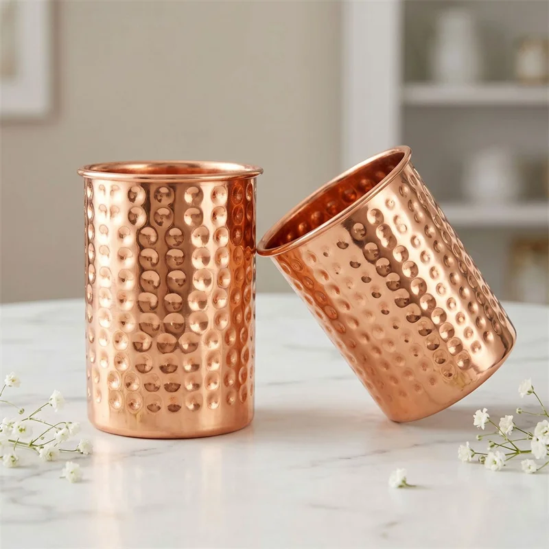 Retro Pure Copper 2 Cups, 2 Straws Set 400ml Solid Moscow Mule 100% Copper Cocktail Glass Beer Milk Mug Tea Tumbler Drinkware