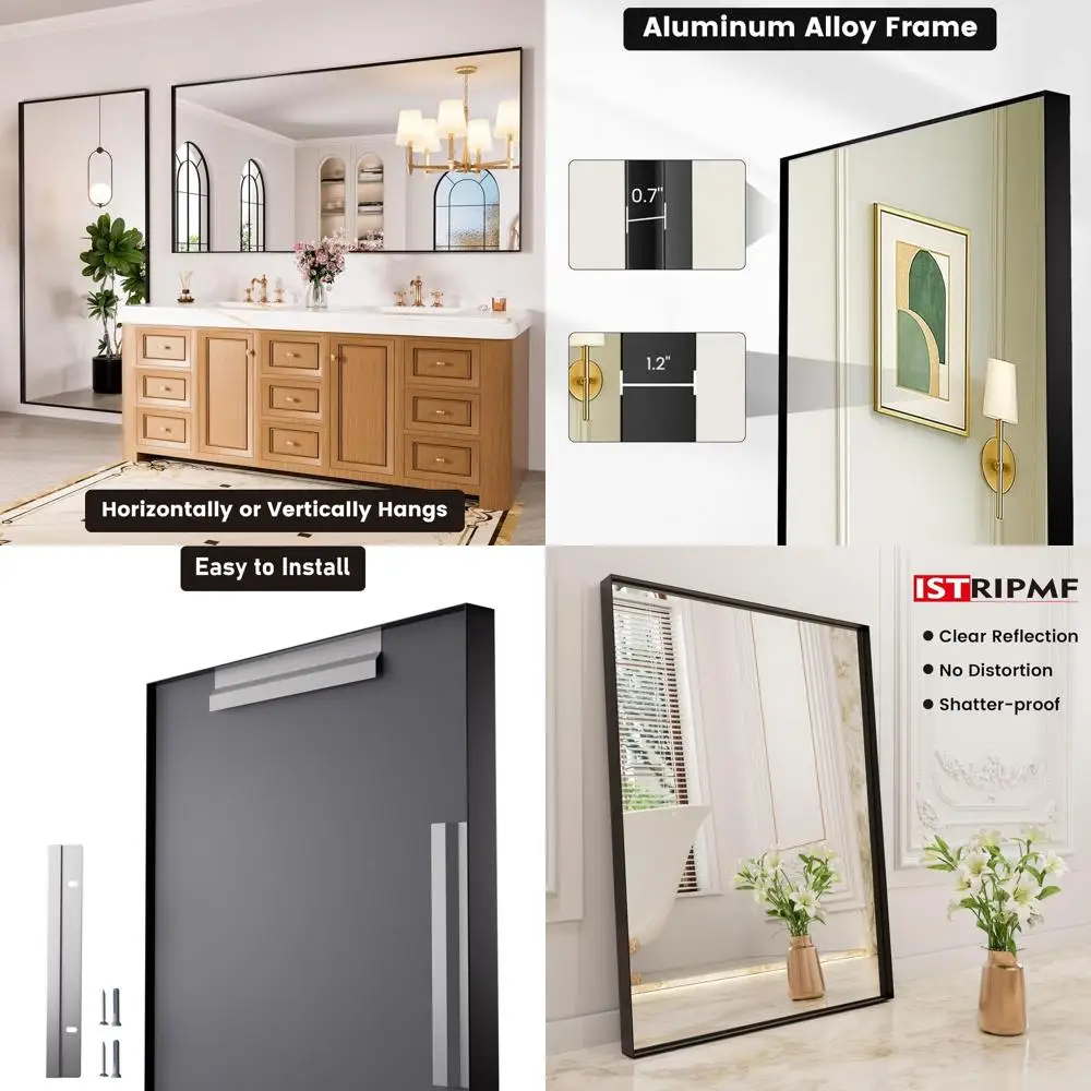 

60x30 Inch Matte Black Square Vanity Mirror, Rust-Resistant, Shatter-Proof, Ideal for Bathroom, Bedroom, Living Room, Wall-Mount