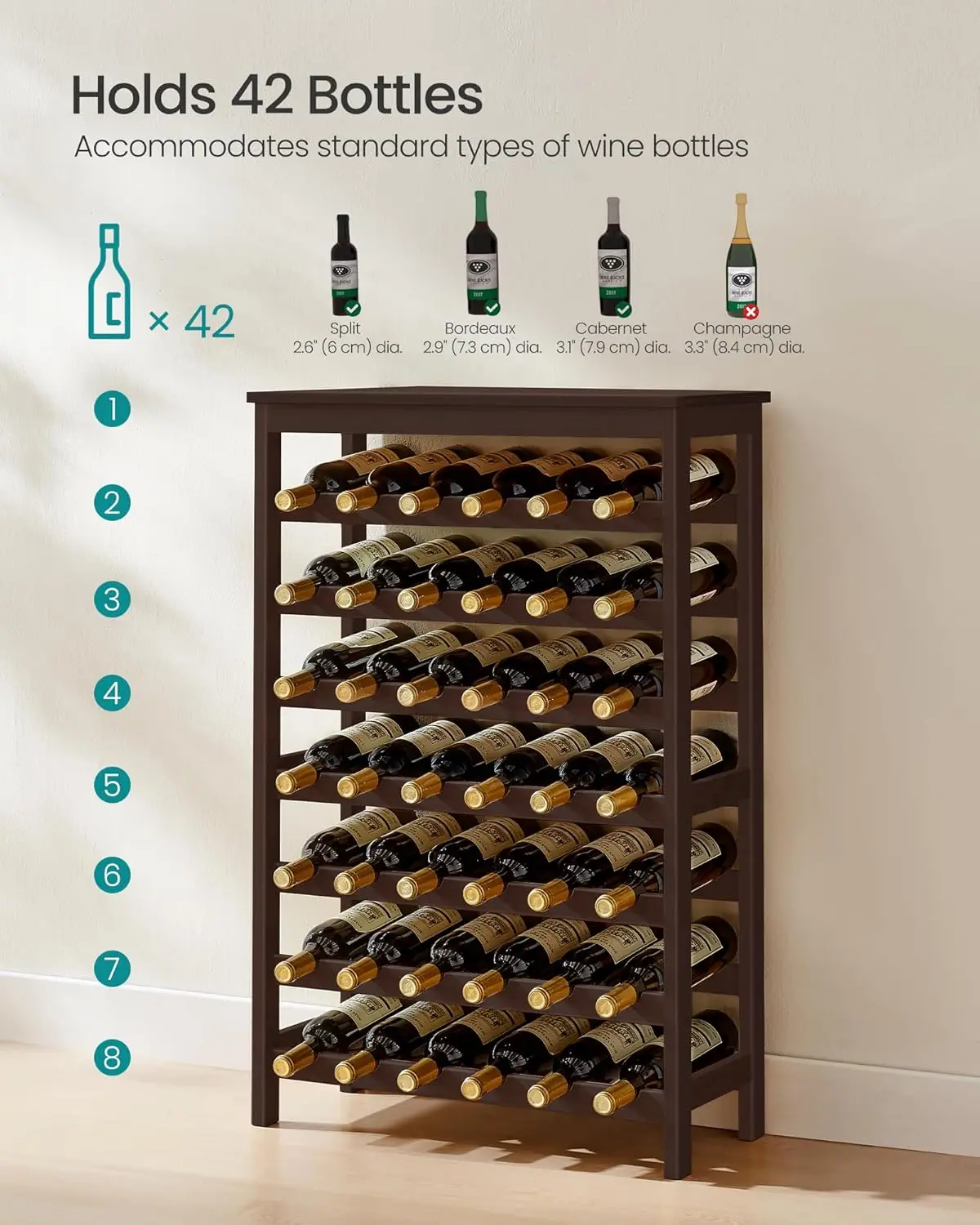 Songmics 42-Bottle Wine Rack Free Standing Floor, 7-Tier Display Wine Storage Shelves With Table Top, Bamboo Wobble-Free Bottle