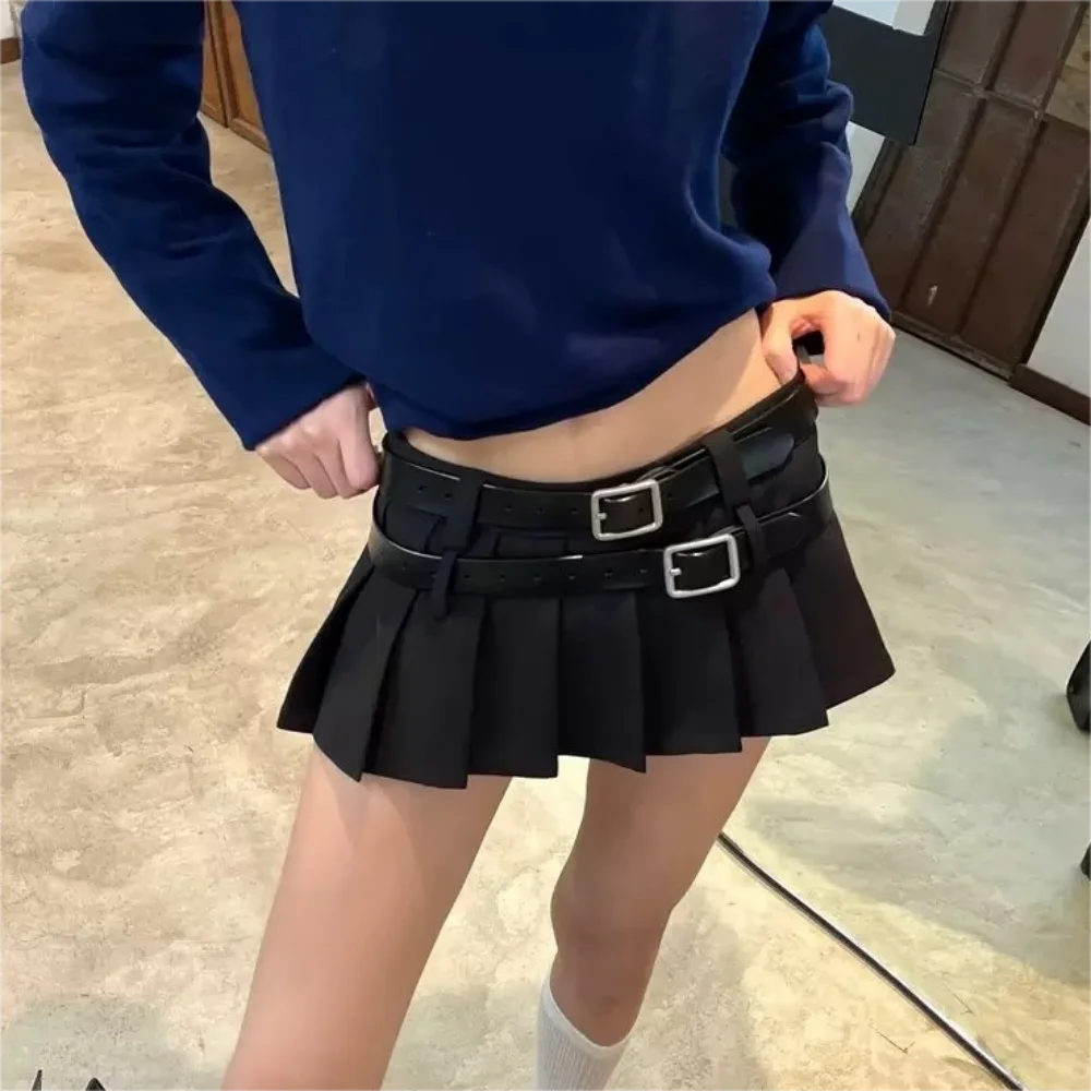 

Super mini skirt y2k clothes kawaii korean style skirts for women 2 belts black mini skirt pleated micro skirts white purple