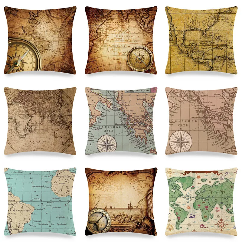 Vintage Maritime Pillow Case Pirate Treasure Map Pillowcase Interior for Home Decor Living Room Bedroom Sofa Chair Pillow Cover