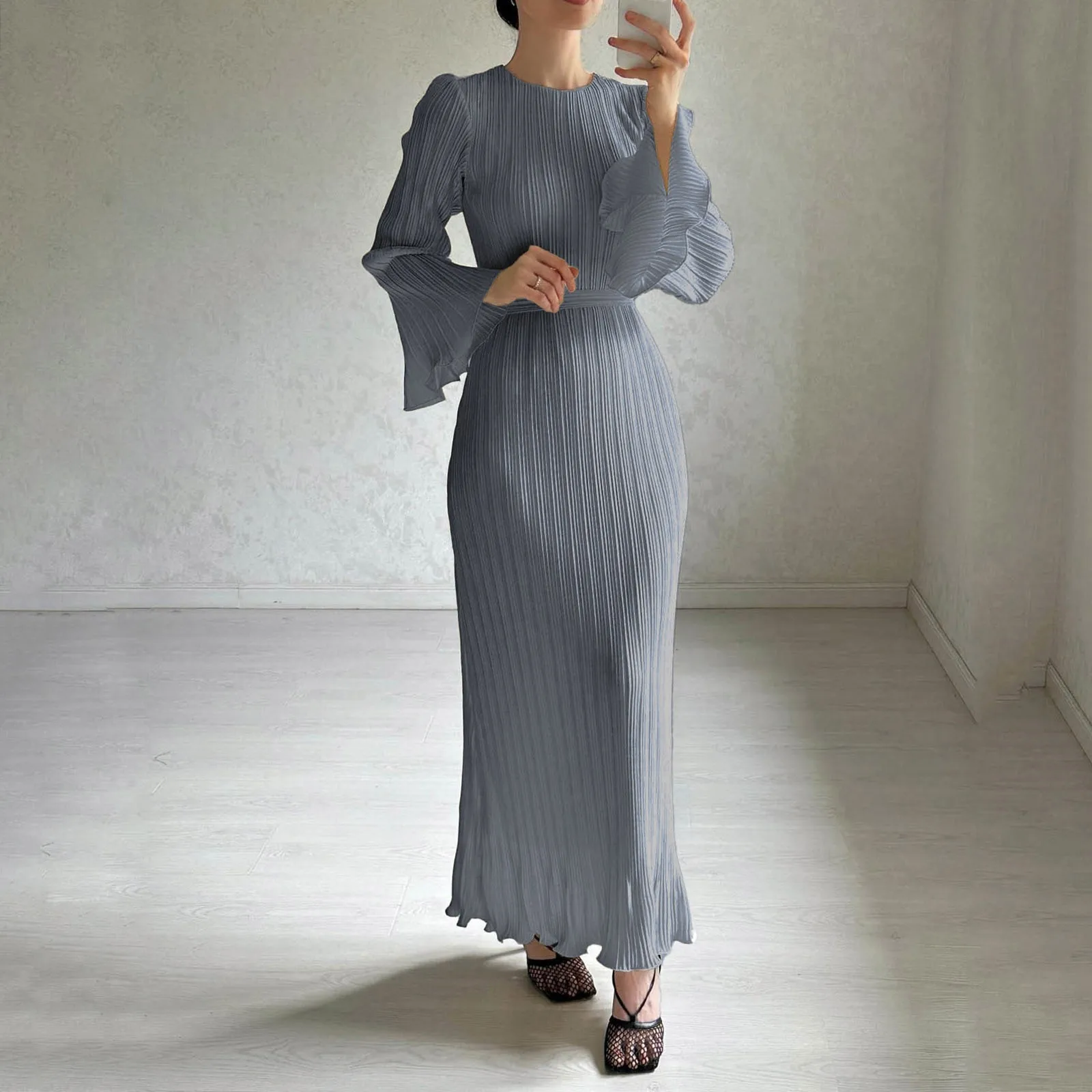 Women Summer Solid Tunics Pleats Maxi Dress For 2024 New Spring Fashion Bell Sleeves Festa Luxo Party Elegant Long Sleeve Dress