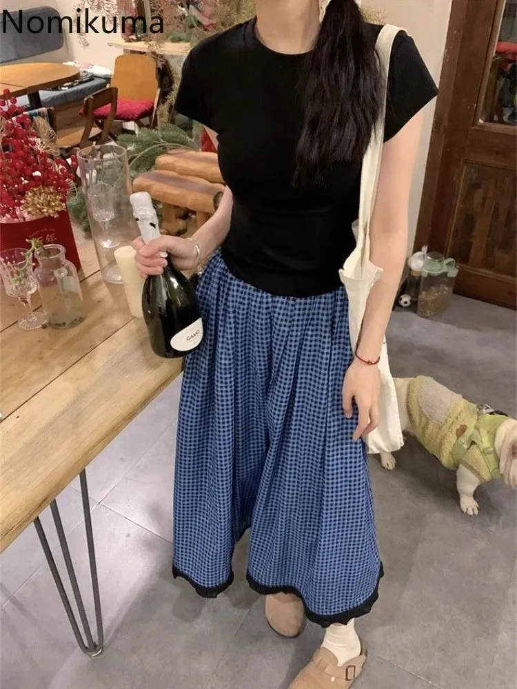 Vintage Skirts for Women Korean Jupe High Waist A-line Loose Saia 2024 Faldas Mujer De Moda Casual Chic Plaid Summer Long Skirt