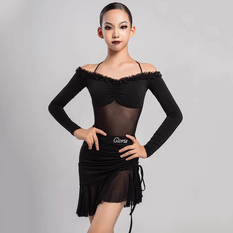 

Fairy Latin Dance Clothes Girls Long Sleeve Salsa Outfit Mesh Skirt Ballroom Practice Wear Stage Performance Costume DL9704