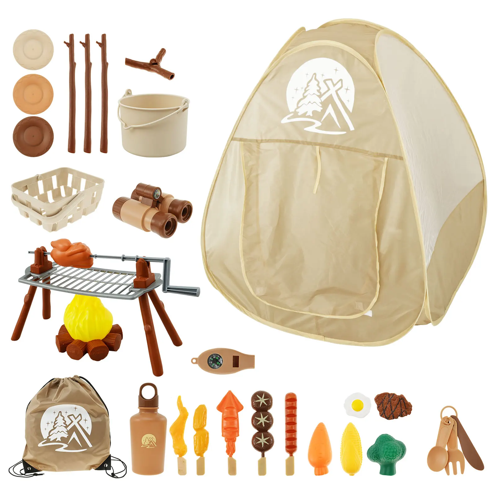 子供用キャンプおもちゃセット、テントポップアップ、子供用プレイテントキット、楽しい子供用キャンプツールセット、バスケット、プレート、ケトル付き、男の子と女の子向け