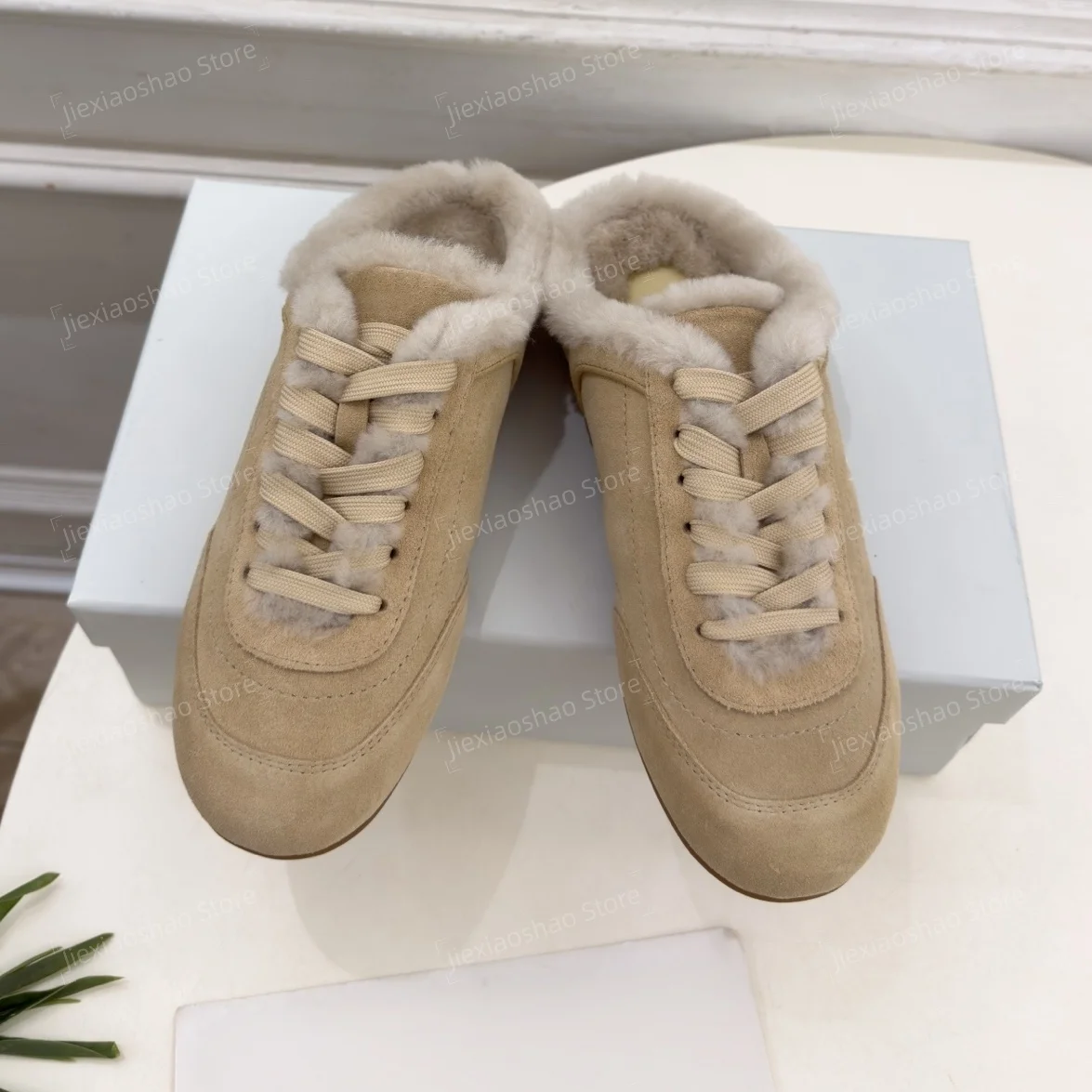 Autumn Winter Handmade Cow Suede Round-Toes Flat Heel Woman Slippers Wool Mules Exclusive Lazy Sneakers Shoes Zapatos De Mujer