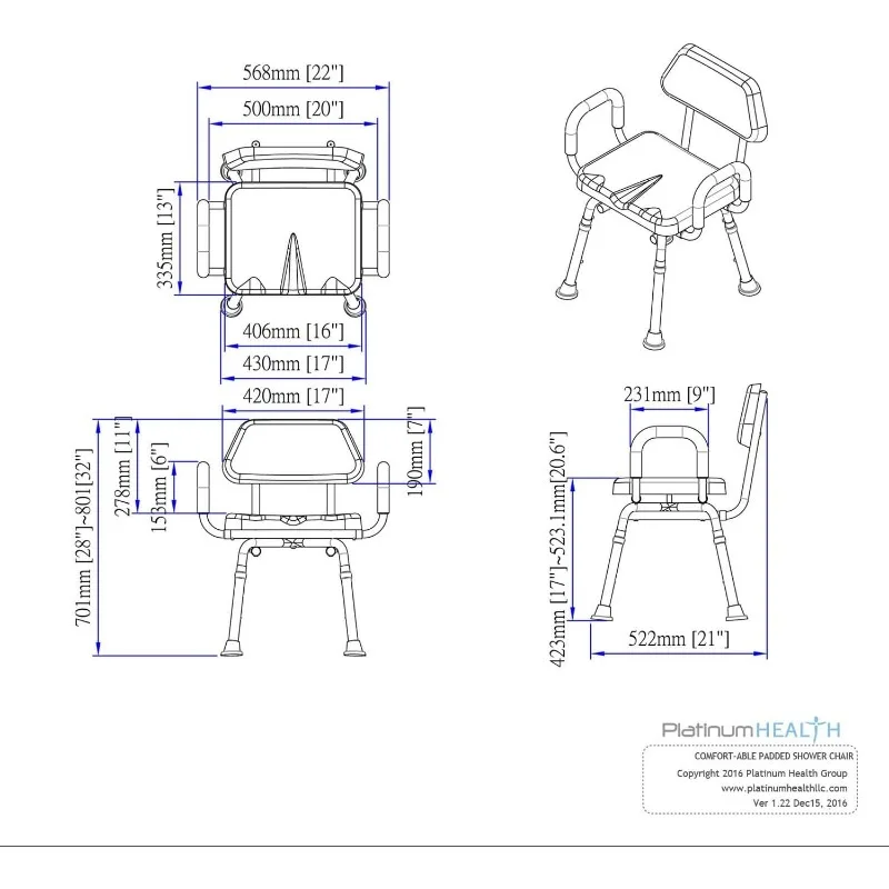 Platinum Health Comfortable Padded Shower and Bath Chair with Armrests and Back for Elderly and Seniors, Adjustable Height, Blue