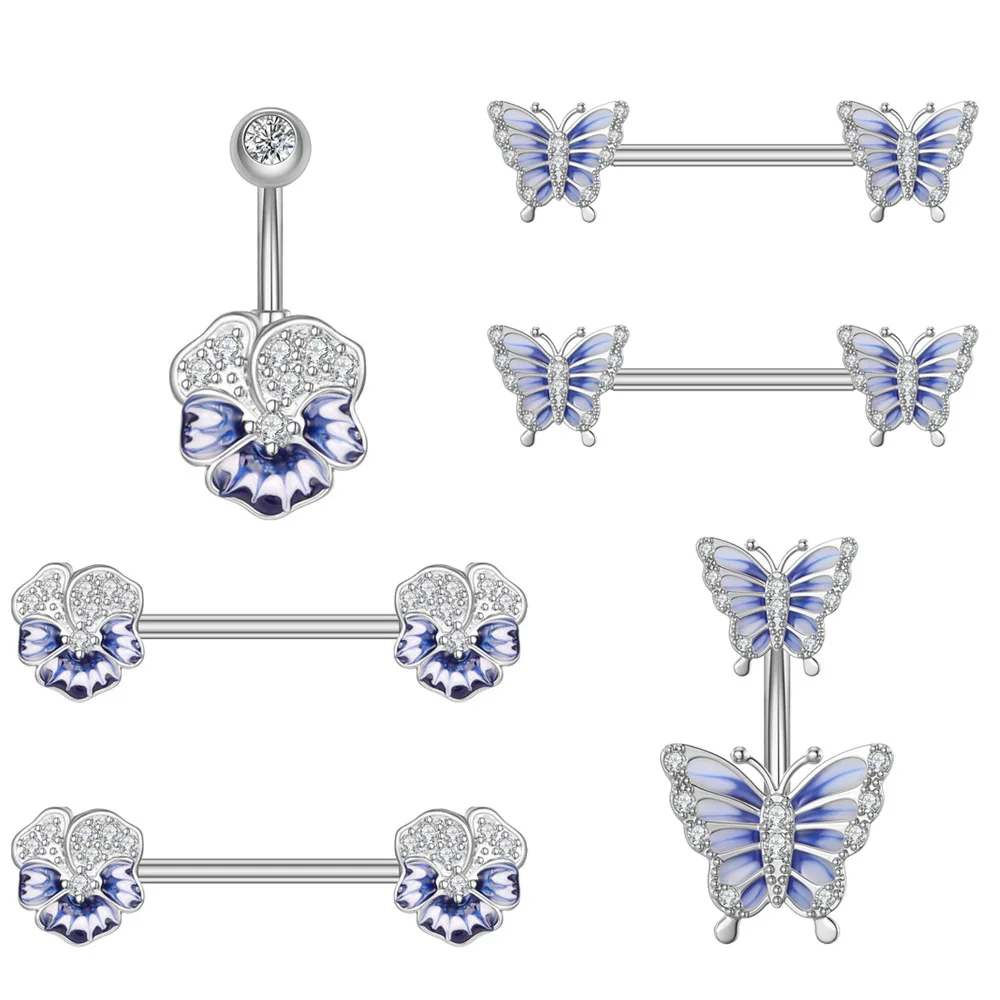 3pcs Belly Button Ring Nipple Piercing Sets Both Sides Screwed Sexy Body Nipple Rings Butterfly Flower Curved Navel Piercings