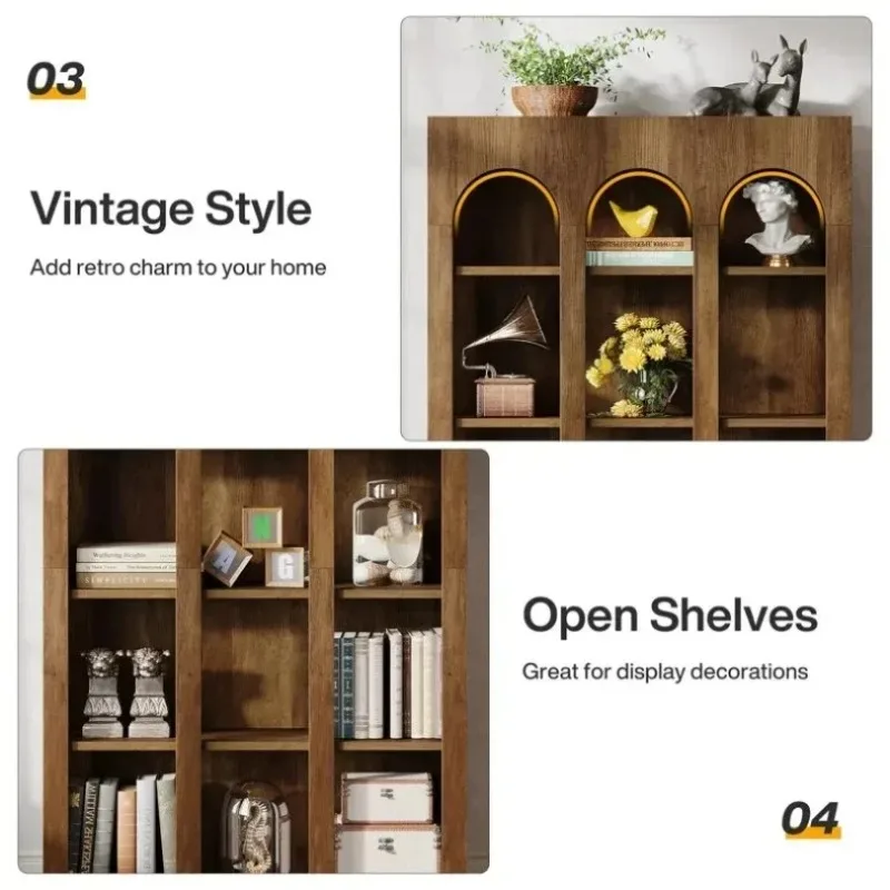 5-Tier Modern Wood Farmhouse Home Office Arched Top Design Tall Bookshelf Bookcase with Open Large Storage