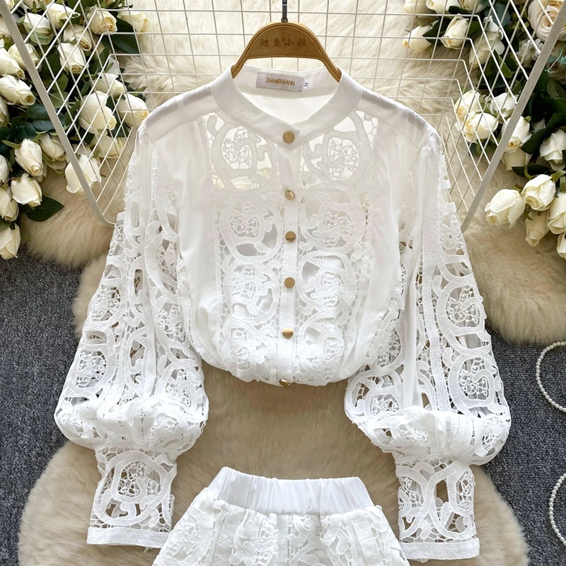 Estilo tribunal francês oco crochê renda lanterna manga camisa camisola colete e saia de cintura alta conjunto