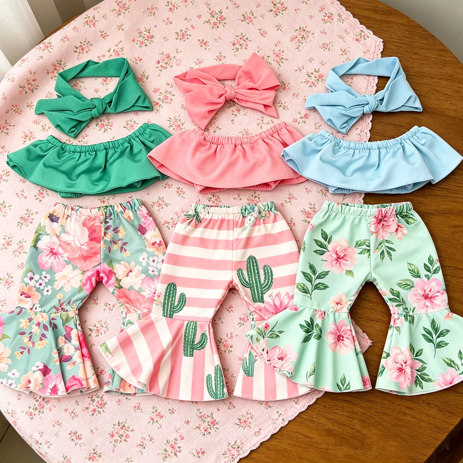 

Летний комплект одежды для американских кукол 18 дюймов, 3 предмета: милые топы с рюшами + брюки-клеш с цветочным и кактусовым принтом, одежда для кукол 43 см.