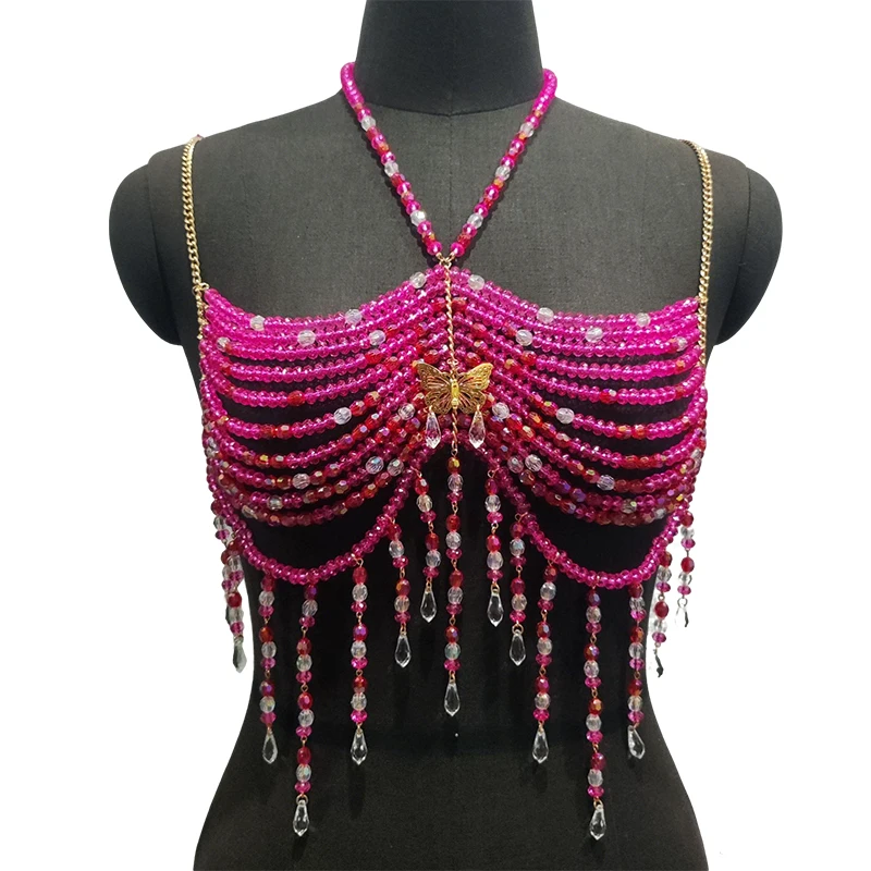 Handmade Music Carnival Outfit Female Butterfly Beach Bikini Cover Up Fringe Bandeau Bra Top Fushcia Crystal Beaded Bralette