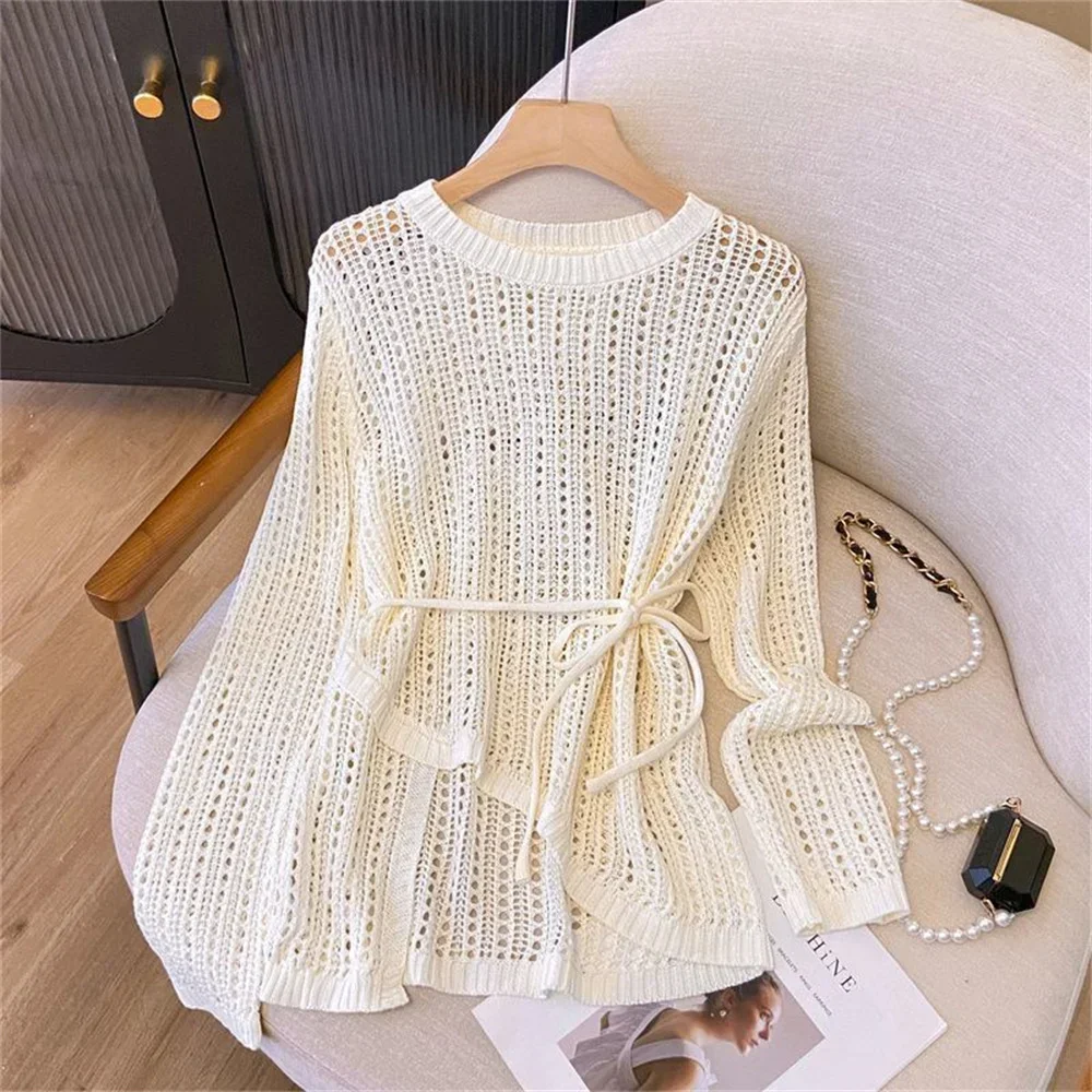 

Asymmetric Hollow Out Pullover Long Sleeve Crochet Knitted Top Summer Beach Lace Up Crop Pullover Blouse Women Vacation Outwear