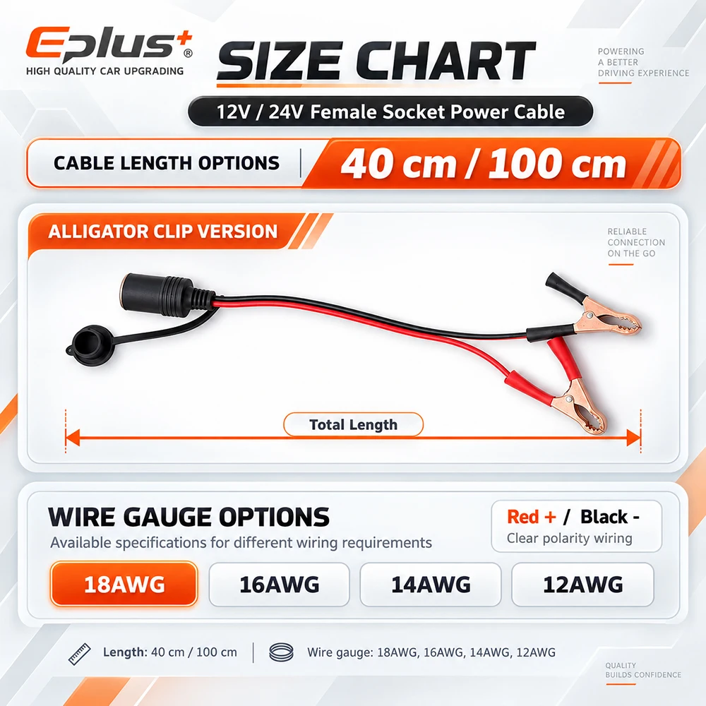 12-18AWG 12V 24V Cigarette Lighter Female Socket Cable Alligator Clips 40-100CM for Car Battery Power Supply