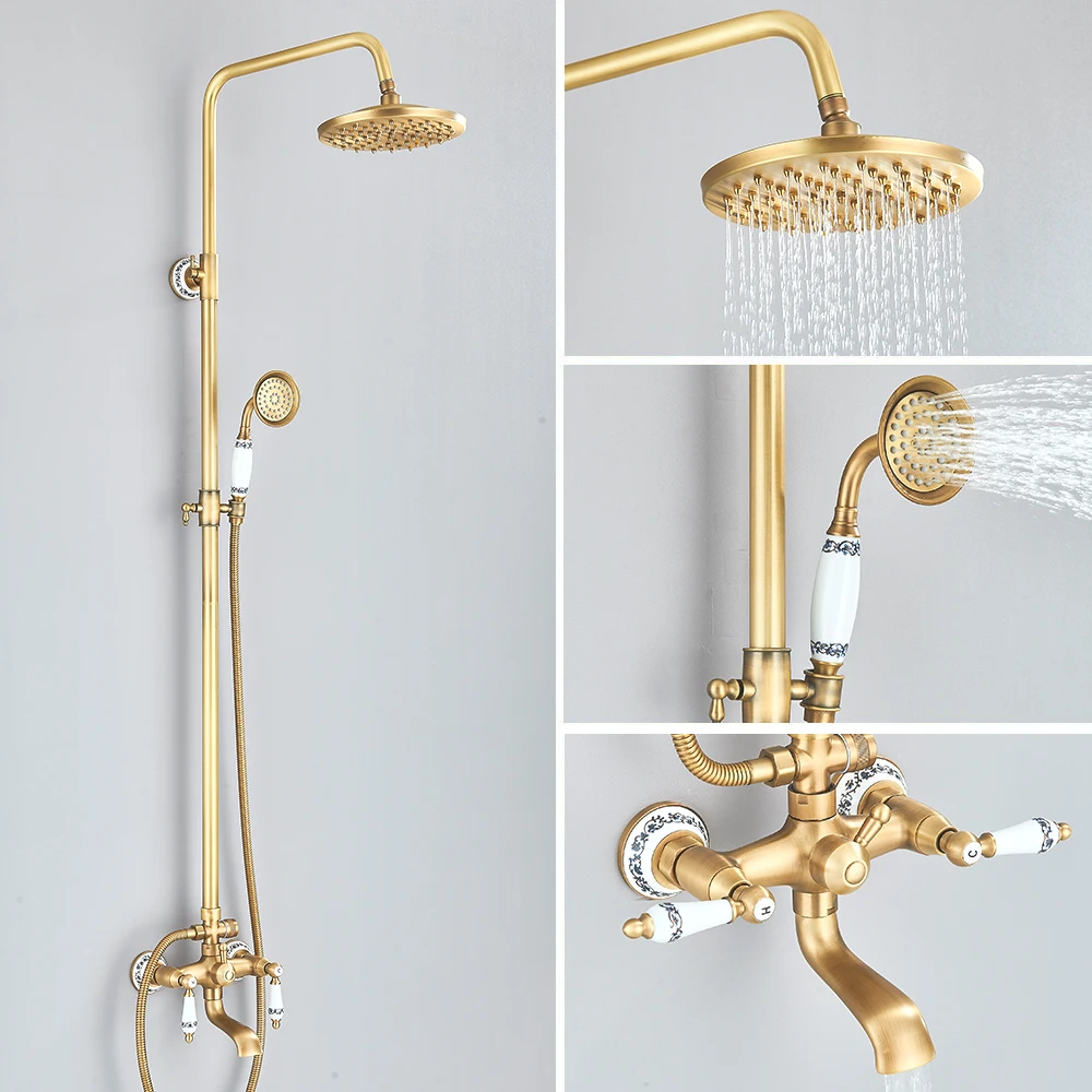 Retro  System Antique Brass Rainfall With Handheld Shower Tub Spout For Bath