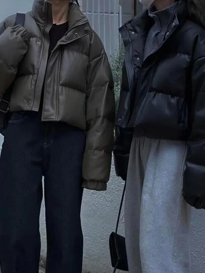 South Korea Stand Collar PU Leather Down Jacket Cotton-padded Clothes Outerwear Women 2024 Autumn and Winter Loose Slimming