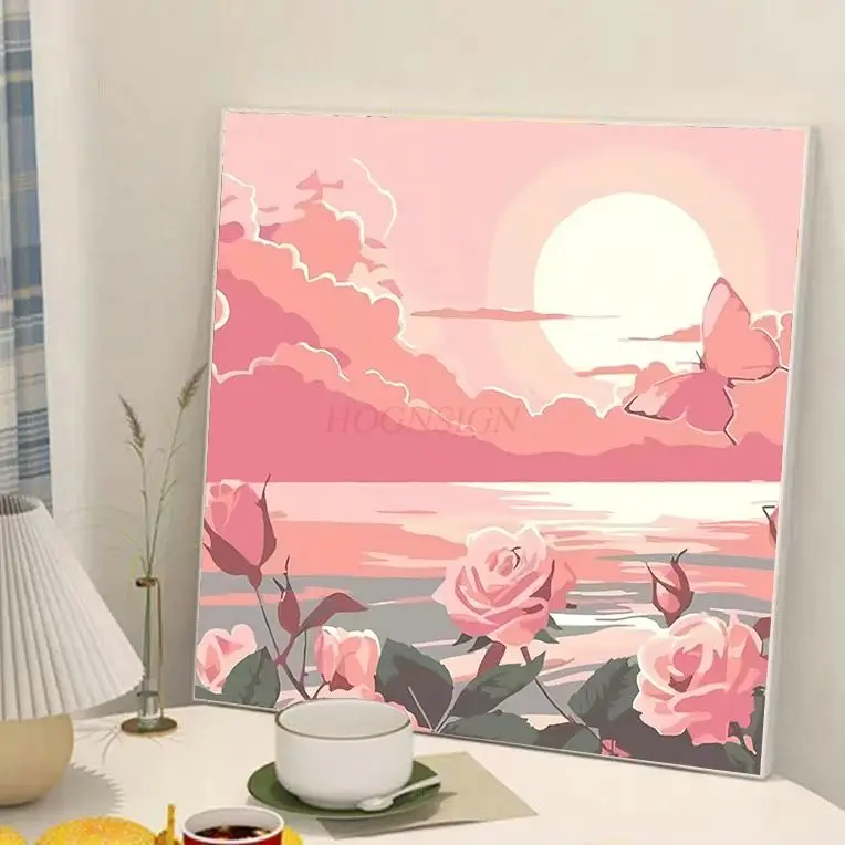 1set DIY digital oil painting, seaside rose, handmade coloring, healing and decompression, oil painting