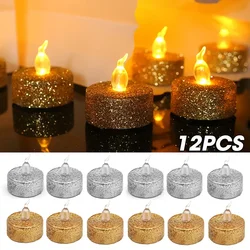 12/3Pcs Gold Powder Candles LED Flash Candles Lights Flameless Glitter Tealight Candles for Birthday Party Wedding Decorations