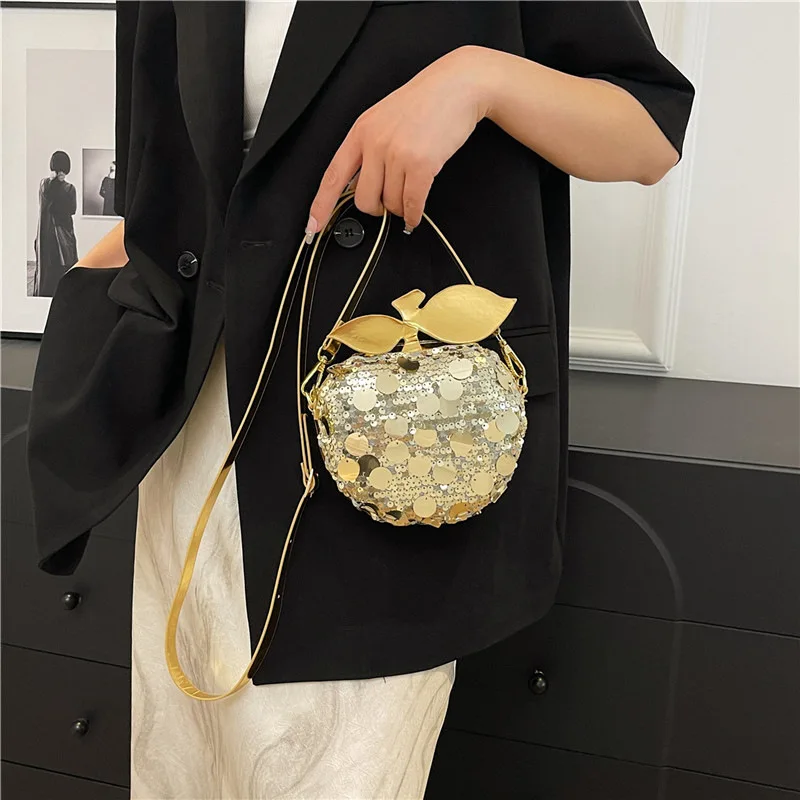 Women\'s Small Shoulder Bag Sequin Apple Shape Style One Shoulder Crossbody Bag Small Round Bag