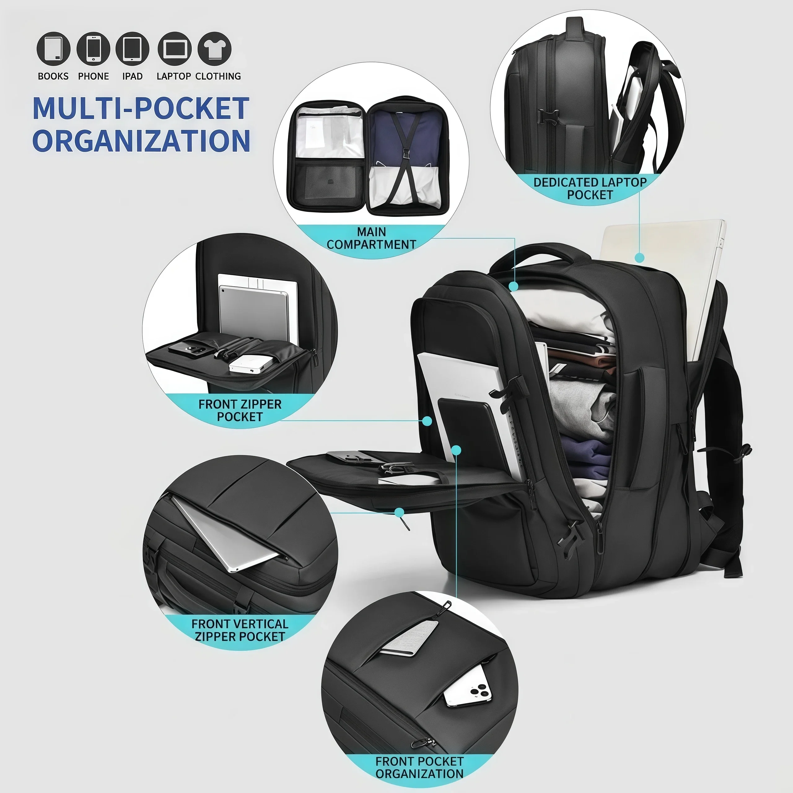 Vacuum Expandable Compression Backpack 20L-35L Waterproof Oxford Travel Laptop Bag Men Business Hiking Daypack 15.6 Inch Black