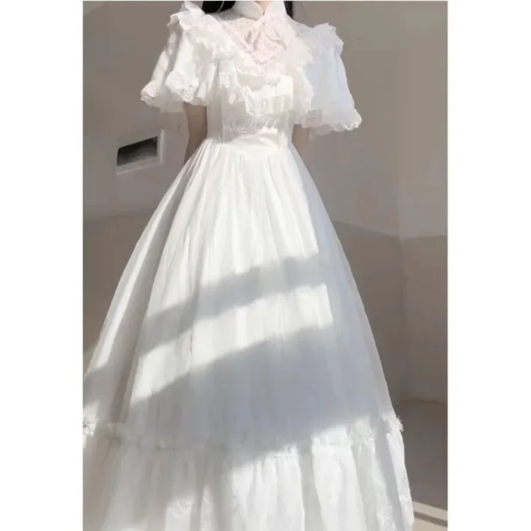 Elegante pizzo vintage bianco abiti Lolita estate dolce abito con maniche a sbuffo per le donne 2025 nuova vita sottile abiti di media lunghezza Mujer