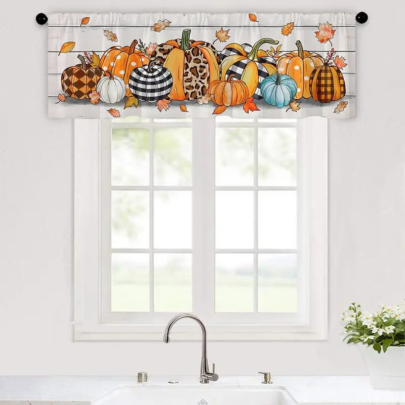 VIKAMA Fall Valance Hello Fall Gnome Pumpkin Cart Leaf Print Kitchen Window Curtain For Living Room Bedroom Autumn Home Decor