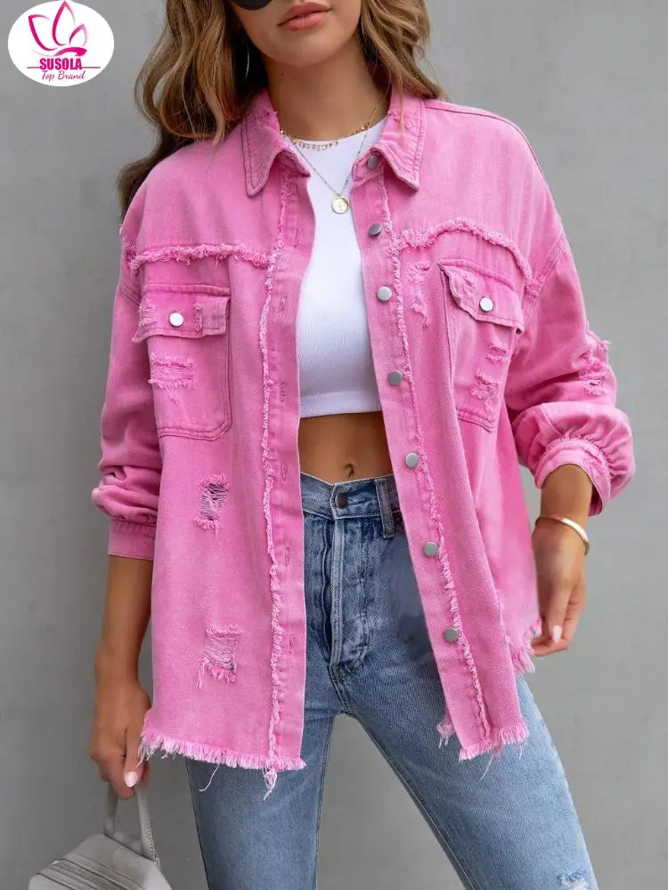 

SUSOLA Denim Jacket with Rough Edges and Holes for Women Spring and Autumn Temperament Casual Lapel Jacket Denim Jacket Women