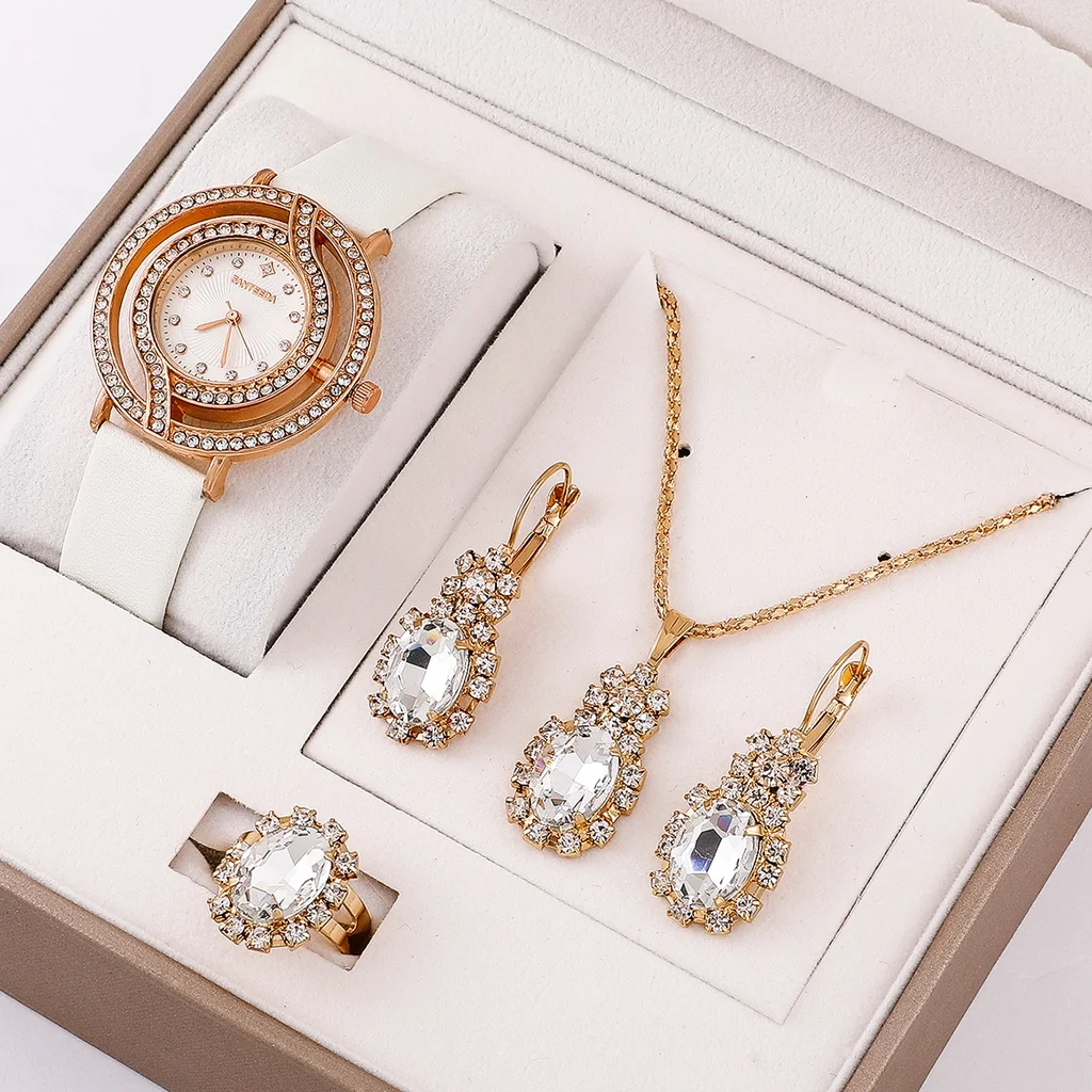 Women\'s Watch Luxury Fine Ladies WristWatch Present Set Necklace Female\'s Ring Earring Gift