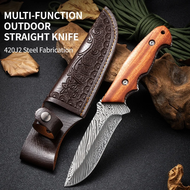 1pc outdoor portable knife Martensitic stainless steel solid wood handle, kitchen family camping trekking knife