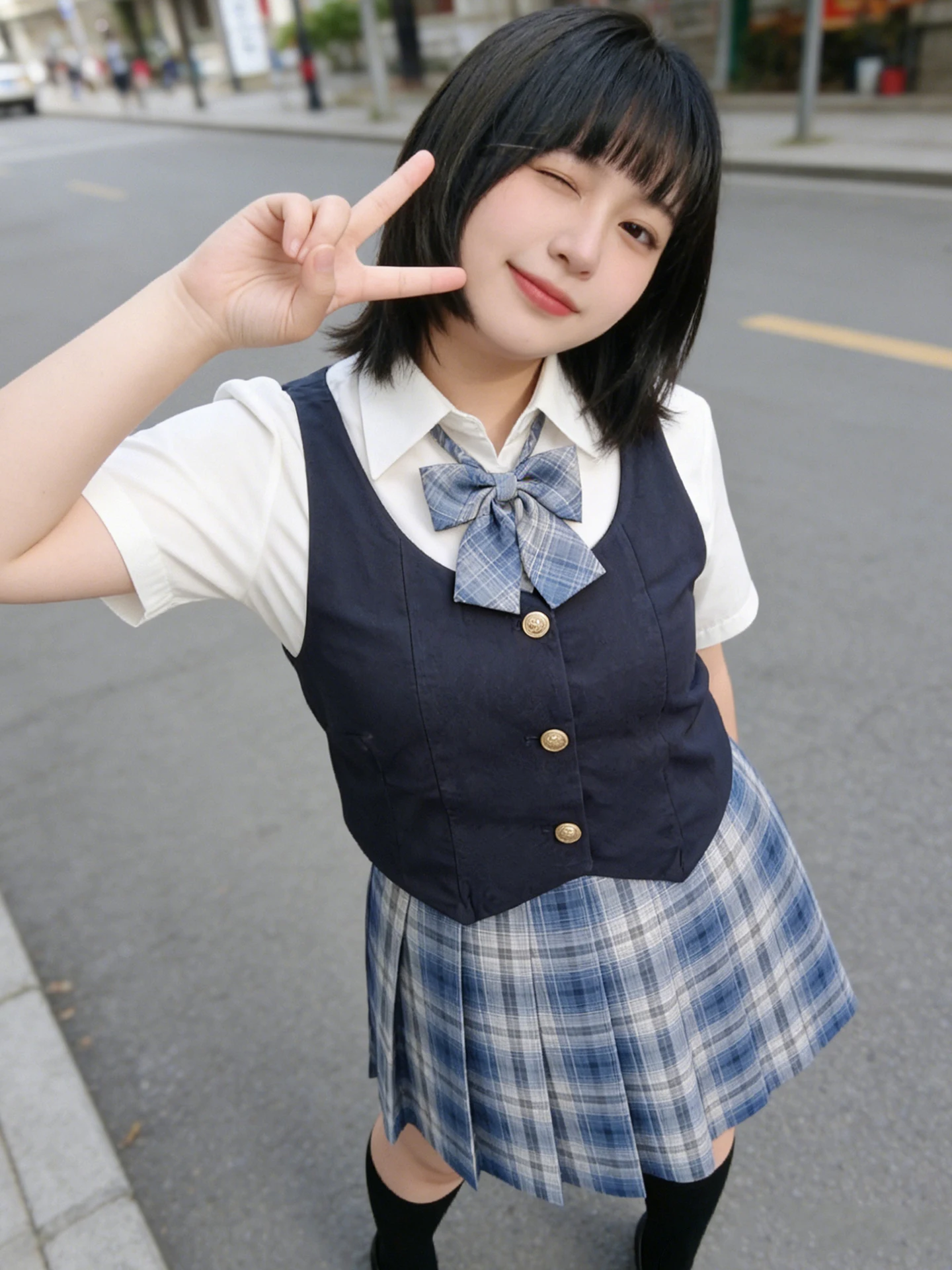 

Original Large Size Uniform Short Skirt Pleated High Waist A-Line Blue White Versatile School Style Checkered Skirt