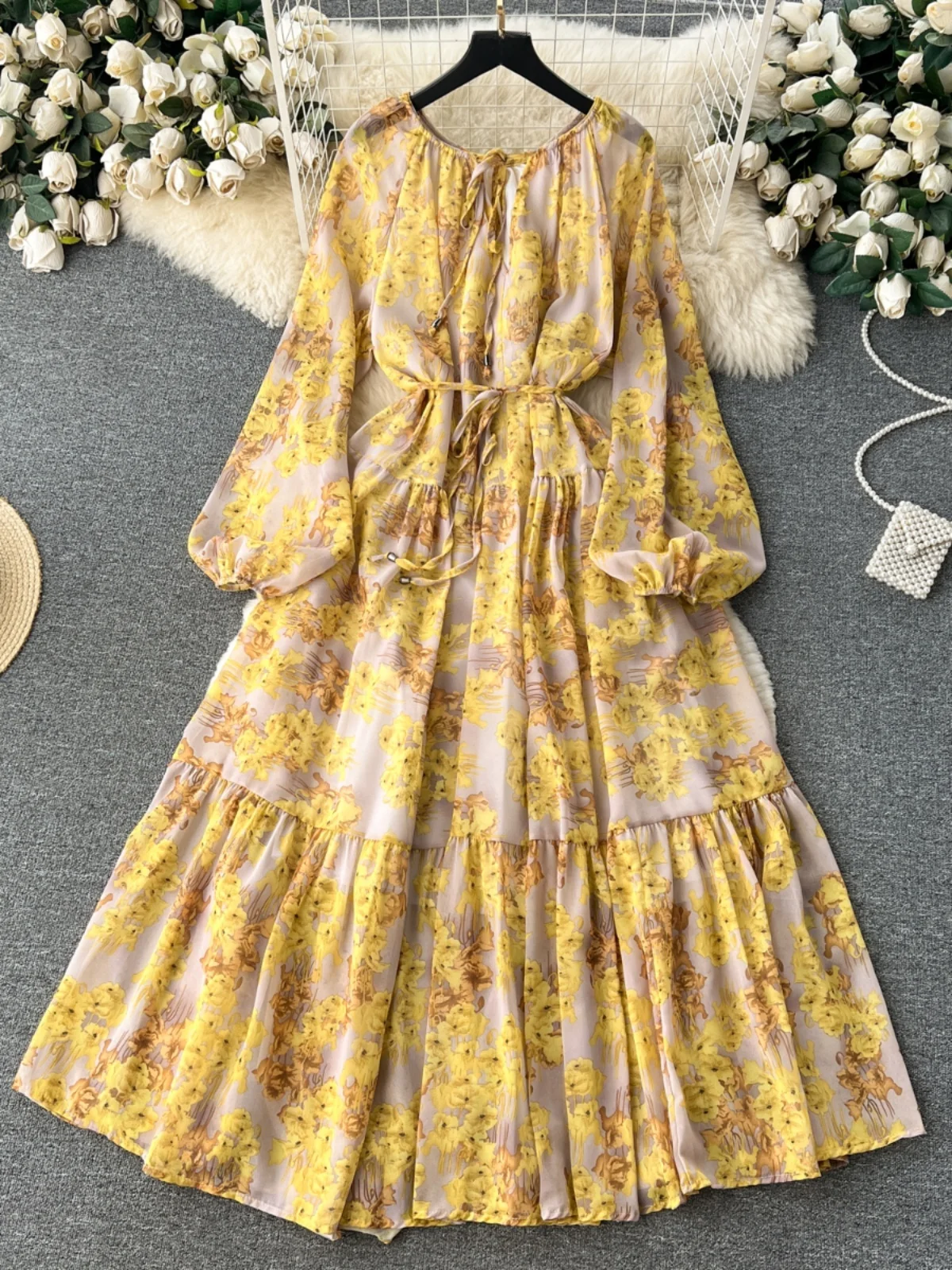 ロマンチックな花柄プリントロングドレス レディース ランタンスリーブ タイデザイン ハイウエスト Aラインスカート 韓国風サマードレス