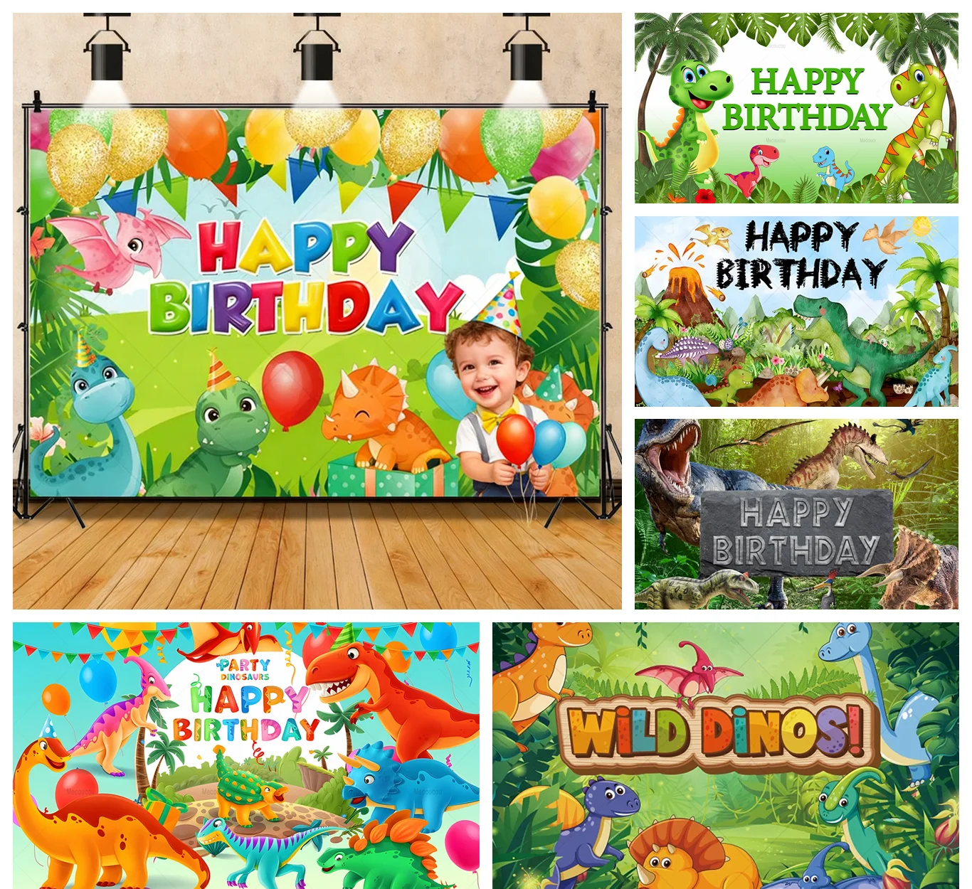 

Dinosaur Theme Happy Birthday Photography Backdrop Cloth Green Jungle Boy Girl Party Baby Shower Decoration Background Banner