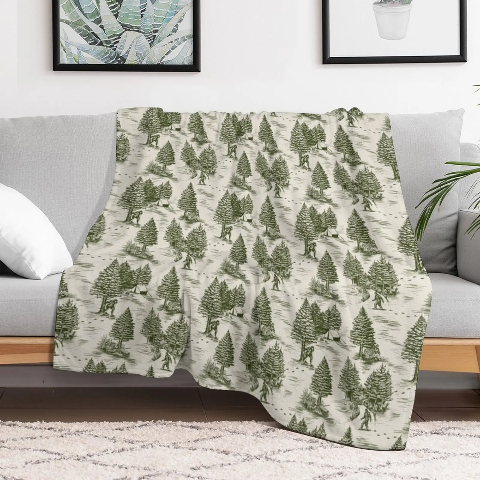 Bigfoot / Sasquatch Toile de Jouy in Forest Green Throw Blanket Hairys wednesday Picnic funny gift Blankets