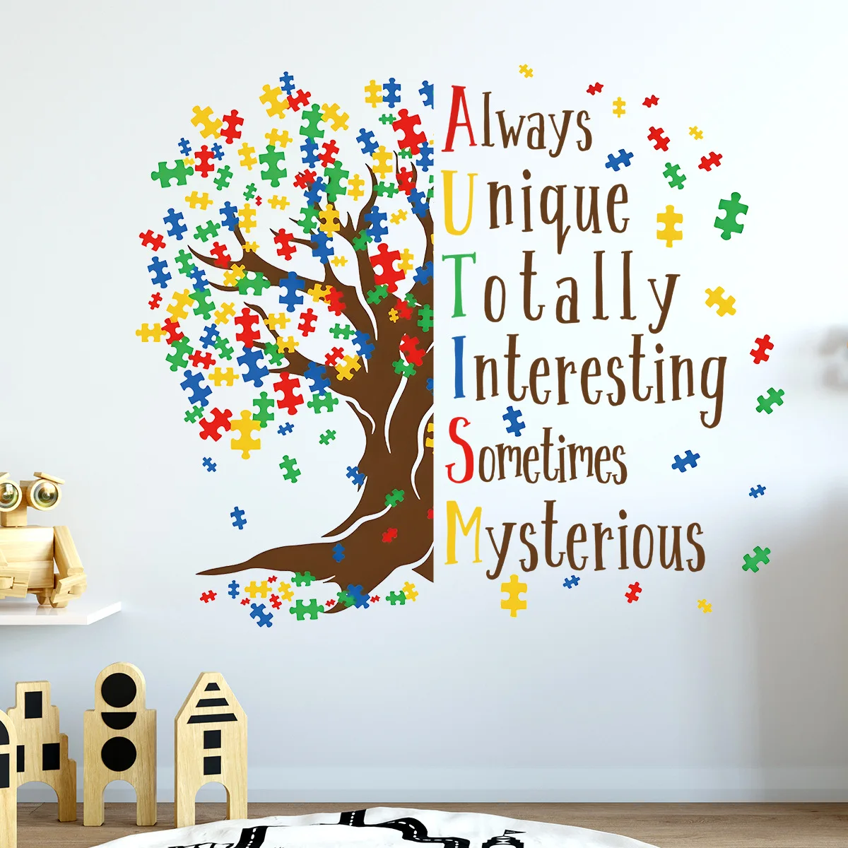 Cartoon Tree Color Puzzle English Phrase Wall Stickers Accept Love Understand Vinyl Decals for Kids Room Nursery Classroom Decor