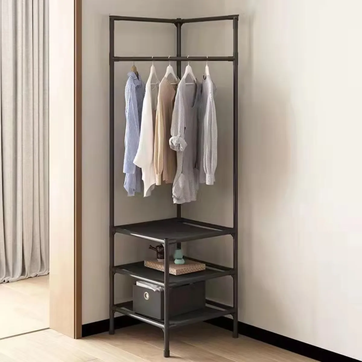 3/2 Tier Simple Clothes Shoe Rack Integrated Hanger Bedroom Clothes Stand Organizer Corner Coat Rack Night Table Storage Shelf