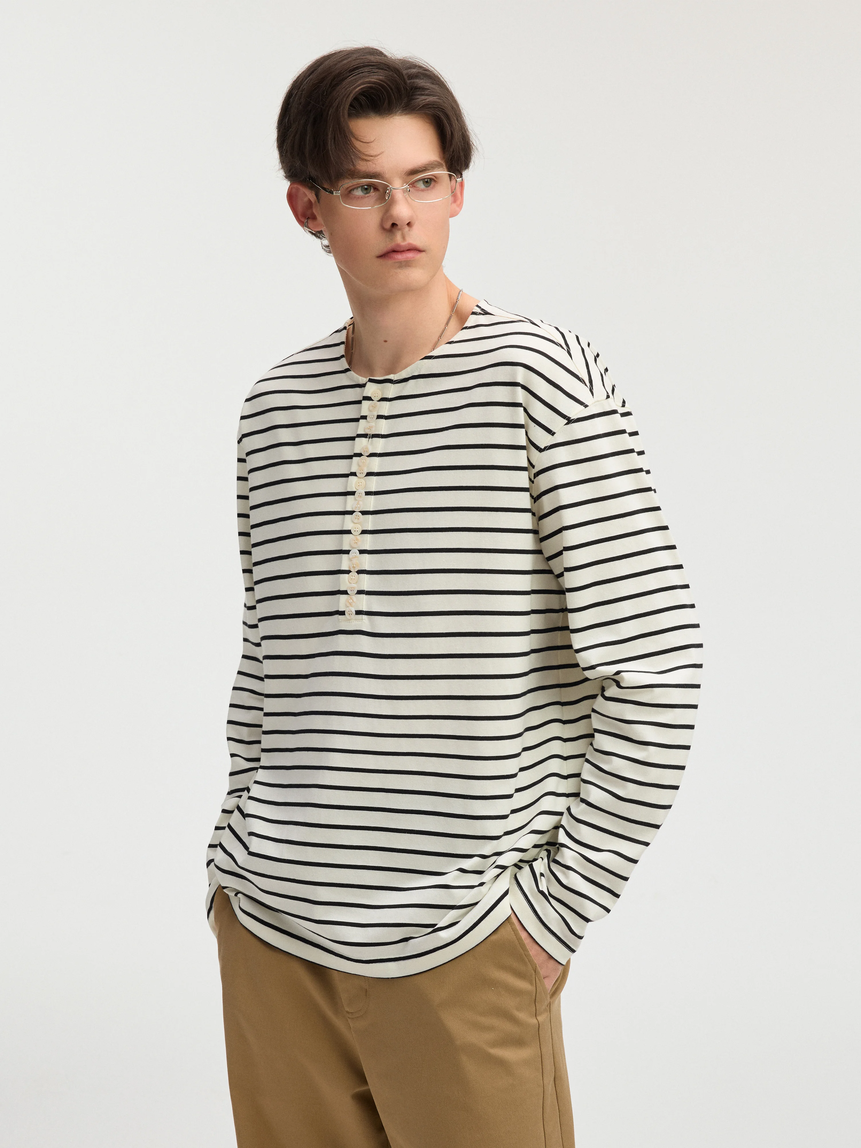 Lilbetter Men's Knitted Long Sleeve T-shirt round Neck Striped Base Layer Shirt Fashionable Urban Style Loose Fit Autumn Wear
